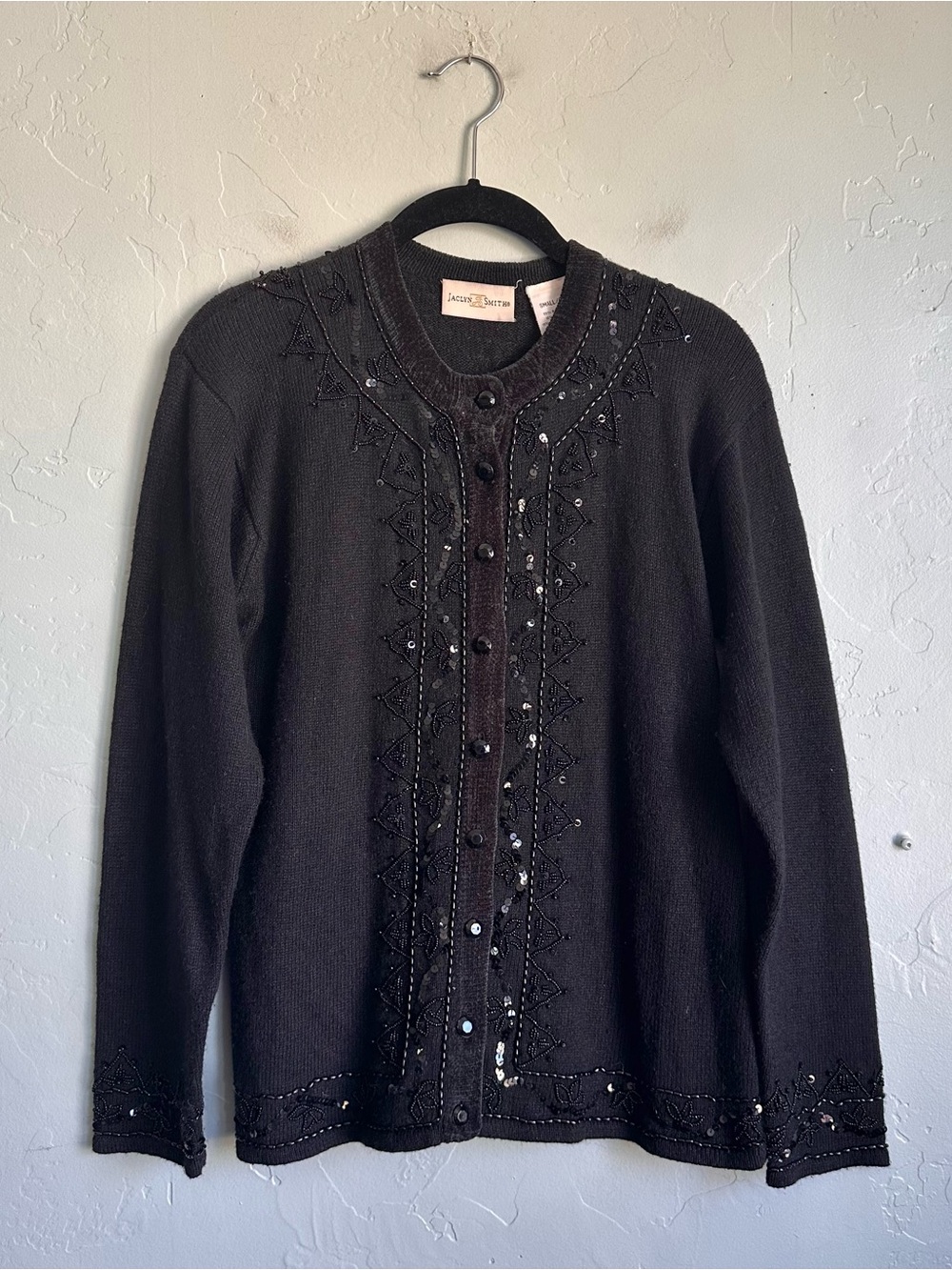 Vintage Jaclyn Smith Classic Black Beaded Cardigan Sweater Small Preppy Cottage